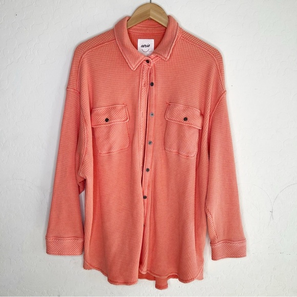 Aerie LumberJane Waffle Shirt Oversized in Coral - Picture 1 of 6